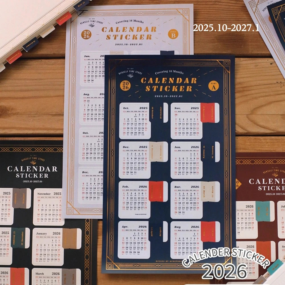 1pc 2026 Calendar Gold Foil Index Stickers, 16 month Waterproof Self Stick Bookmark Planner Calendar Stickers for Scrapbooking