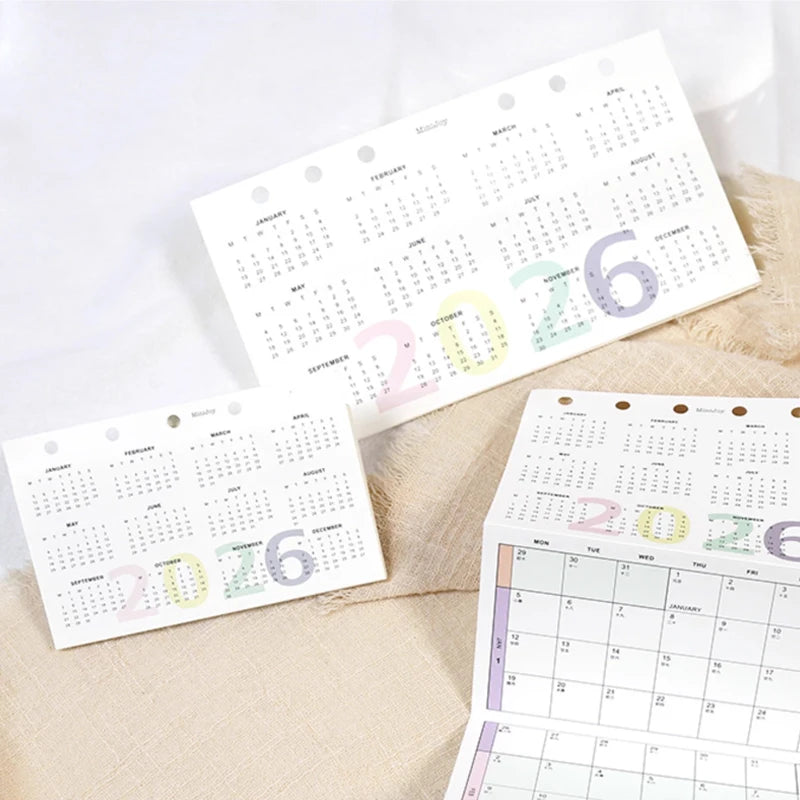 Fromthenon 2026 Calendar A6 A7 M5 Colorful Yearly Monthly Planner Refills with Calendar 8 Fold Design 6 Holes Loose Leaf Paper